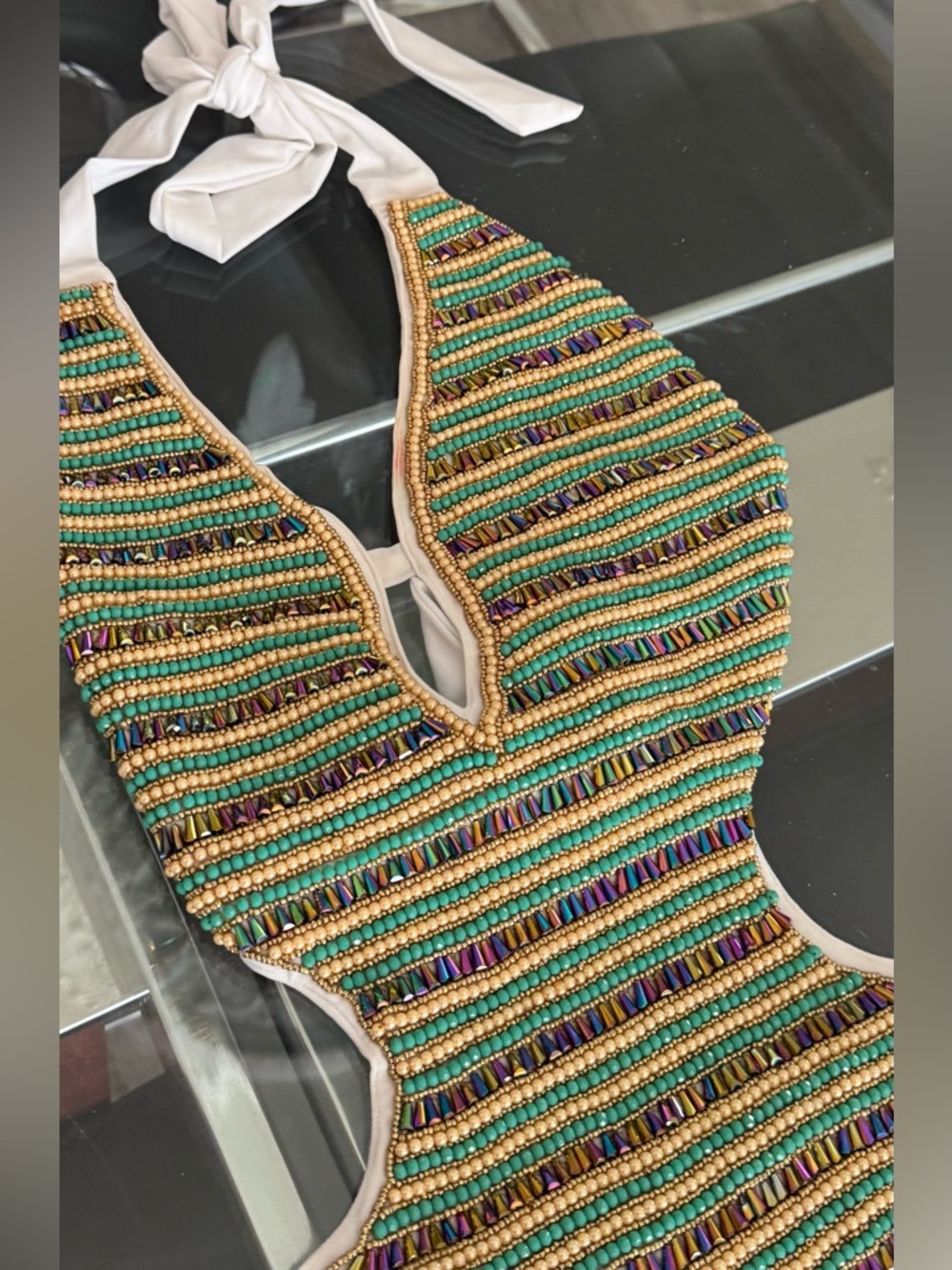 Beaded Halter Women swimsuit in  Turquoise  Stones & Gold